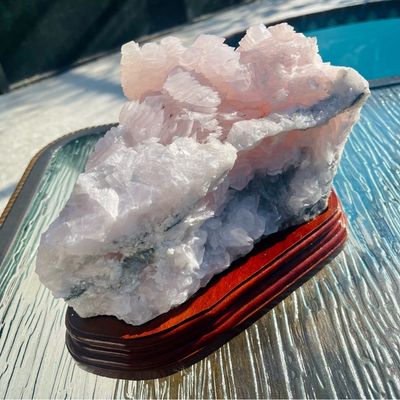 Mangano Calcite Large Pink Calcite Cluster w/ Wood Base Pink Calcite Home Decor - Picture 3 of 17